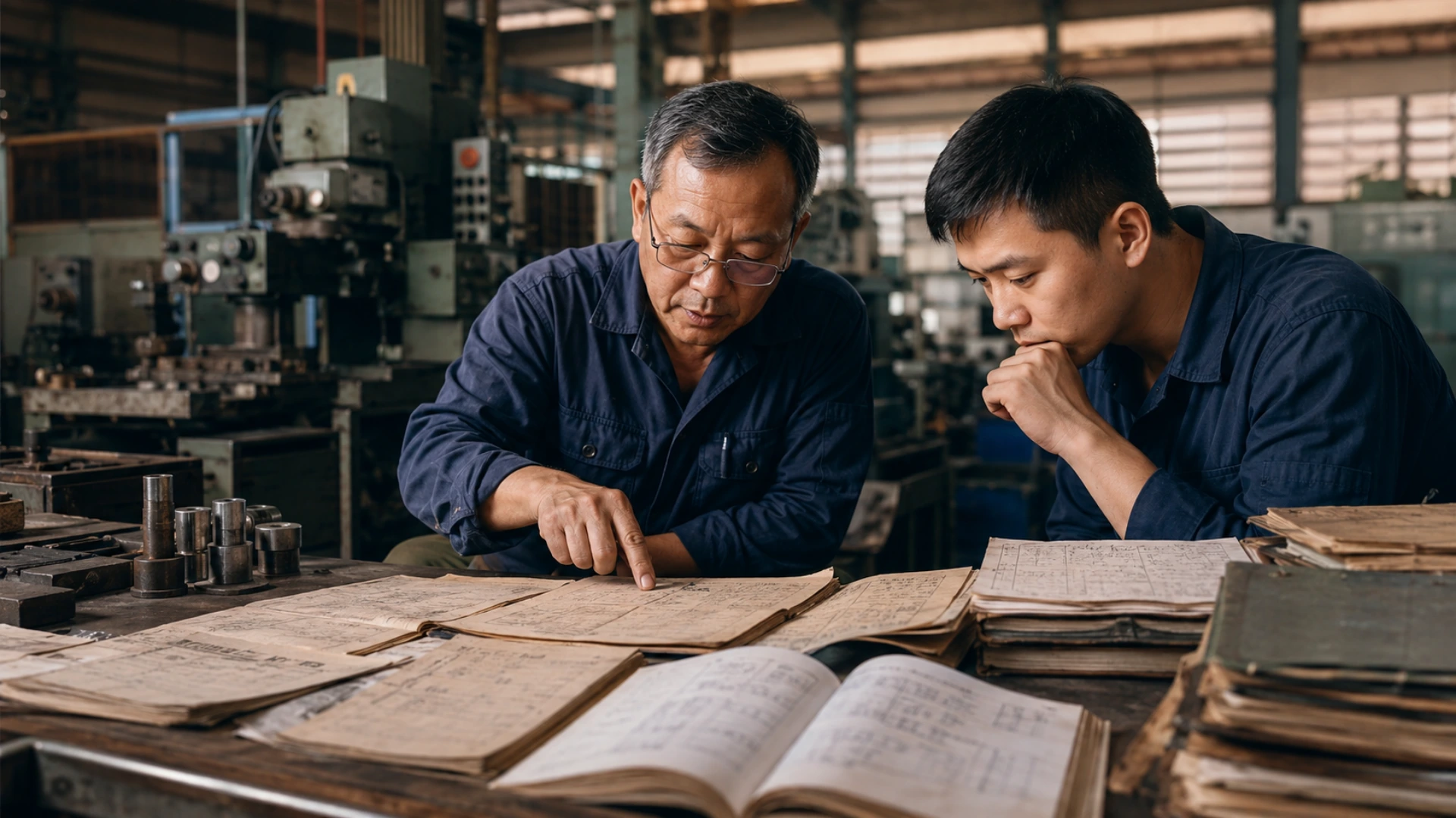 Kỹ sư bảo trì nhà máy đang xem lại hồ sơ và lịch sử sửa chữa thiết bị để phân tích dữ liệu bảo trì và tối ưu vận hành sản xuất