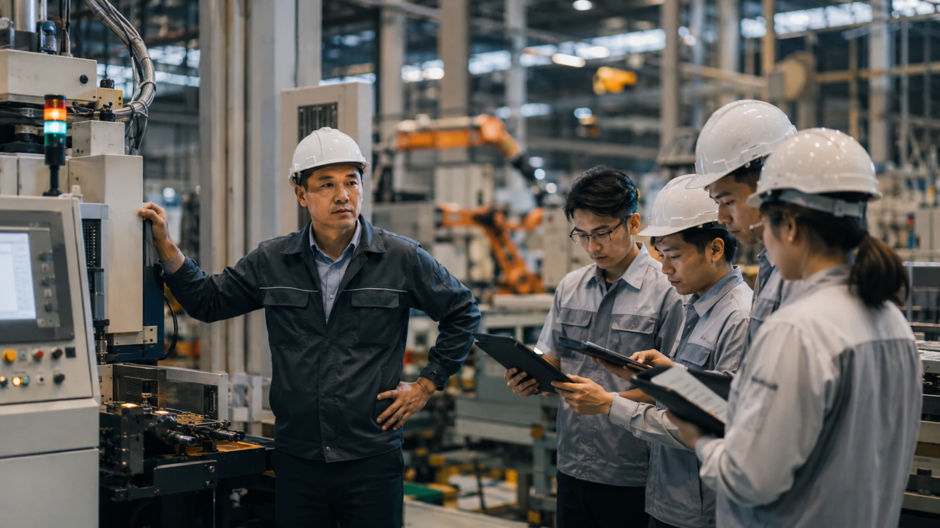 Quản lý bảo trì và kỹ sư đánh giá tình trạng thiết bị trong nhà máy, thể hiện vai trò của phân tích dữ liệu theo ngữ cảnh trong hệ thống IIoT.