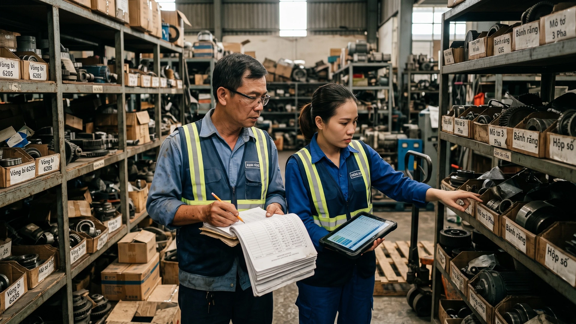 Quản lý bảo trì và quản lý kho kiểm tra vật tư phụ tùng trong nhà máy, phản ánh thách thức tối ưu tồn kho trước khi triển khai phần mềm CMMS