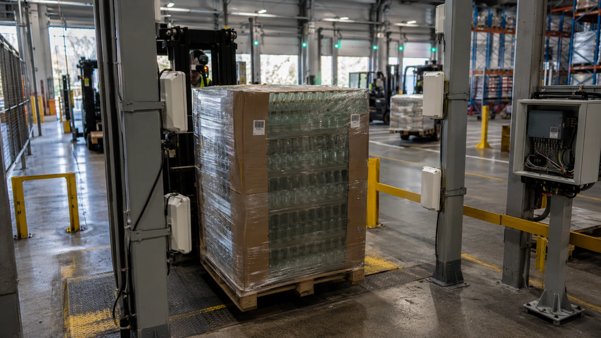 Pallet chứa nhiều chai chất lỏng đi qua cổng đọc RFID trong kho công nghiệp, minh họa ảnh hưởng của vật liệu và môi trường đến khả năng đọc thẻ RFID.
