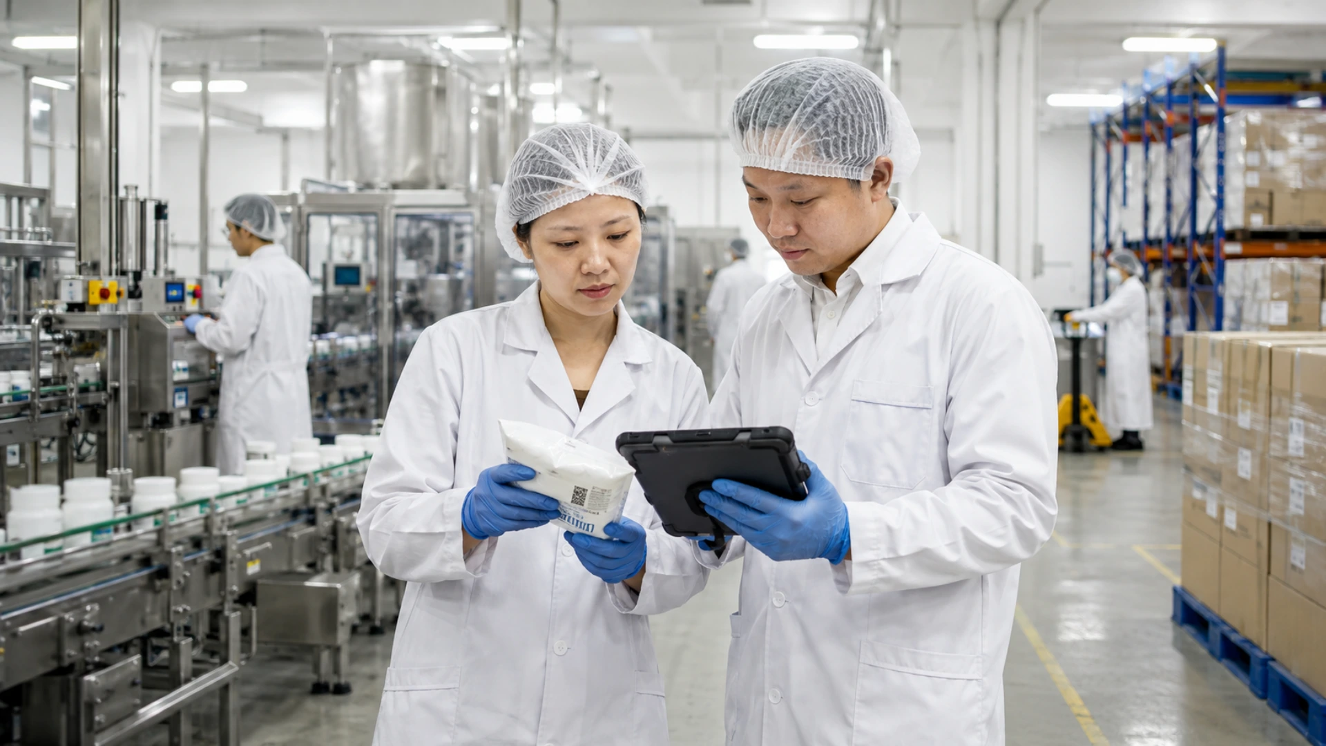 Nhân viên QA và kỹ sư sản xuất kiểm tra sản phẩm cùng dữ liệu sản xuất để xác minh truy xuất nguồn gốc dựa trên toàn bộ quá trình sản xuất thay vì chỉ mã QR tĩnh.