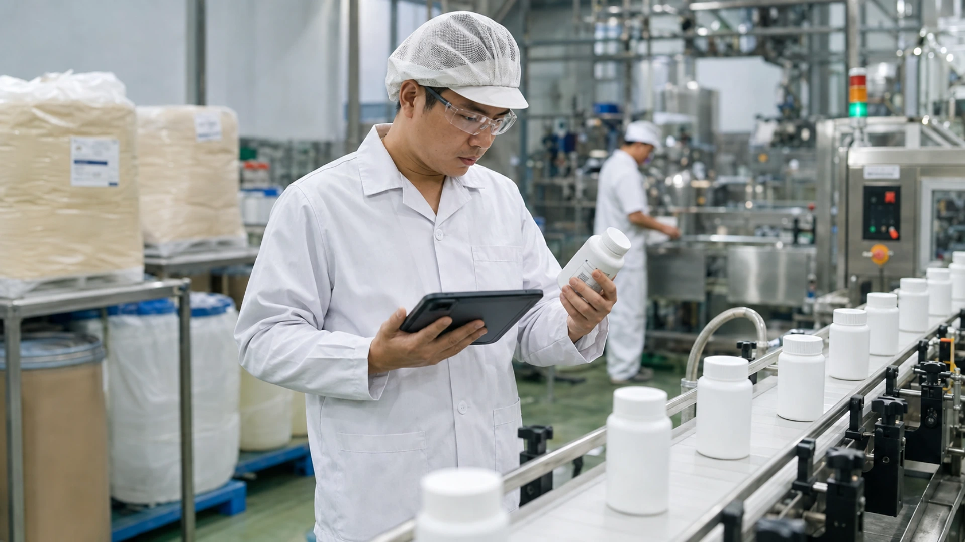 Kỹ sư QA kiểm tra số lô và danh tính sản phẩm trong nhà máy để truy xuất nguyên liệu, thiết bị và lịch sử sản xuất thay vì chỉ dựa vào mã QR.